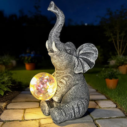 Solar Elephant Statue Garden Decor Outdoor, Garden Statues Yard Decor for Outside, Gardening Gifts for Women, Mom or Birthdays, Elephant Ornaments Yard Art for Yard, Patio, Lawn (Gray Elephant)