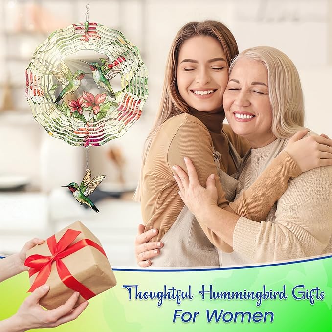 FLAGWIX Hummingbird Gifts for Women - 3D Stainless Steel Metal Wind Spinners 12in - Hummingbird Wind Spinner Yard Decorations Outdoor Indoor Hanging Garden Decor, Mothers Day Birthday Gift For Grandma
