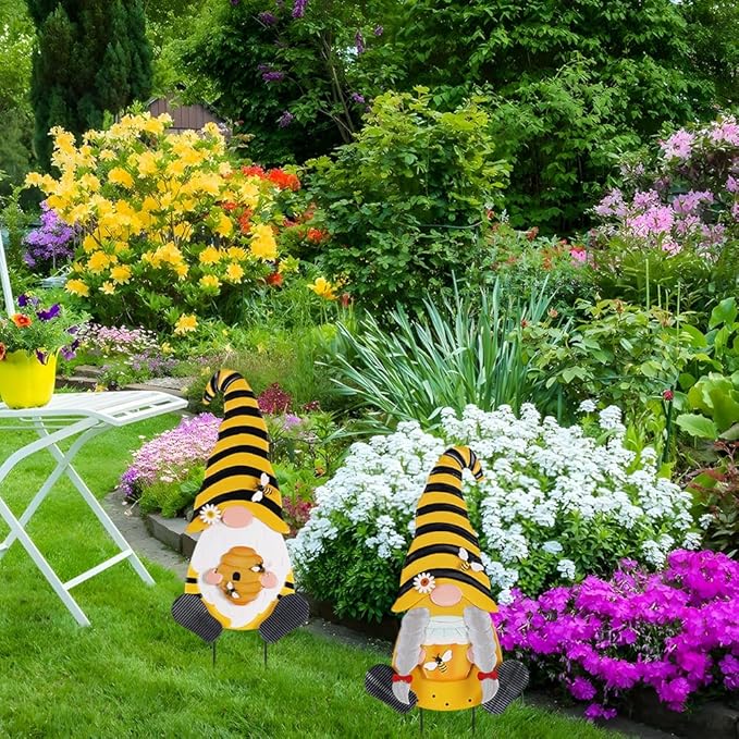 YEAHOME Metal Gnome Decorative Garden Stakes, 2 Pcs Outdoor Garden Decor with Honeybee Ornament Spring Decorations Yard Art Stakes for Indoor Outdoor Patio Lawn (Yellow & Orange)