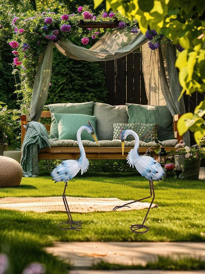 YEAHOME Garden Decor Outdoor Statues, 22"/20" Large Metal Heron Standing Yard Art, Blue Crane Lawn Sculptures Garden Decor for Outside Patio Porch Backyard, Set of 2