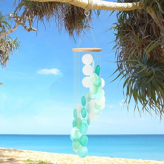 Wenqik Sea Glass Shell Wind Chimes for Outside Seaglass Capiz Windchime Spiral Wind Chimes for Women Beach Holiday Summer Gift Indoor Outdoor Home Housewarming Garden Decor(Light Blue)