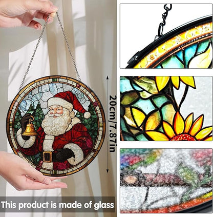Bimkole Christmas Stained Glass Suncatcher Window Hanging - Santa Claus Indoor Window or Doorway Decoration - Handmade Sun Catcher Decor for Garden Home Christmas & Birthday Gifts 7.87x7.87 Inch