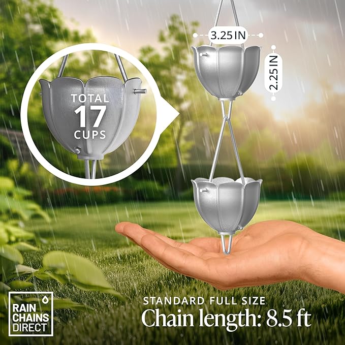 Rain Chains Direct Orchid Rain Chain, 8.5 Feet Length, Aluminum, Gray, Functional and Decorative Replacement for Gutter Downspouts