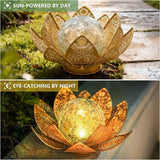 Solar Lights Outdoor Waterproof Lotus Flower Metal Yard Art Decoration Crackle Globe Glass Solar Lamp Garden Decor for Outside, Flowerbed Lawn Patio Porch Pathway Pond Decorations