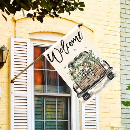 AVOIN colorlife Welcome Spring Truck House Flag 28x40 Inch Double Sided, Cotton Rustic Buffalo Plaid Yard Outdoor Flag