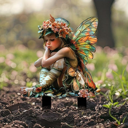 Flower Fairy Garden Stake Decor, 2D Flat Acrylic Elf Garden Sign with Stake, Fairy with Magic Sign for Indoor Outdoor Yard Lawn Balcony Pot Plants (Colorful Green Fairy)