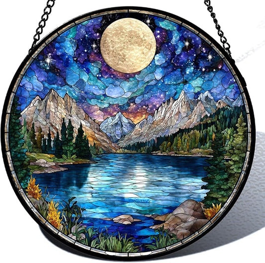 Stained Glass Sun Catcher Window Hanging - Sunset Mountains Lake Tree Design, Indoor Decor Gifts for Mother's Day, Birthday, Christmas - Perfect for Women, Men, Mom Home Window Decor (Blue) 7.8 in