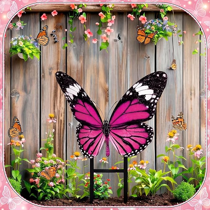 1 Pcs Spring Metal Butterfly Garden Stakes Decor 16.5 Inch Decorative Pink Purple Butterfly Yard Stake Outdoor Insect Decor Metal Garden Art Ornaments for Patio Porch Lawn Backyard