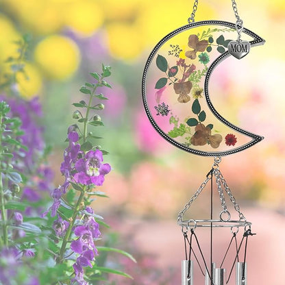 Mom Wind Chimes with Pressed Flowers - Colorful Floral Hanging Chime for Mom - Mother’s Day, Birthday for Mother - Decorative 20 Inch Outdoor or Indoor Mom Gift