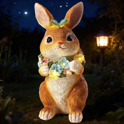 Solar Garden Statues Outdoor Bunny Decorations with Butterfly & Flowers for Mom, Grandma Spring Decor with 6 LED Night Accent Lights for Patio, Yard & Lawn, Christmas Day Figurine