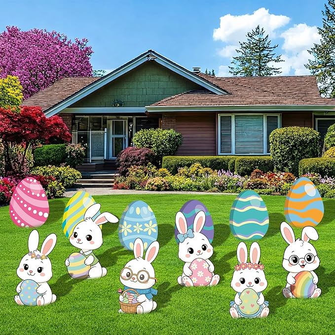12-Piece Easter Bunny Yard Signs with Stakes Decorations – 6 Cute Rabbits & 6 Colorful Eggs 30 cm Large Outdoor Easter Lawn Signs for Garden, Driveway, Yard, and Spring Party Décor