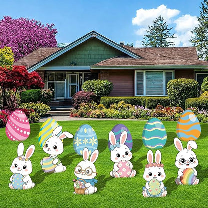 12-Piece Easter Bunny Yard Signs with Stakes Decorations – 6 Cute Rabbits & 6 Colorful Eggs 30 cm Large Outdoor Easter Lawn Signs for Garden, Driveway, Yard, and Spring Party Décor