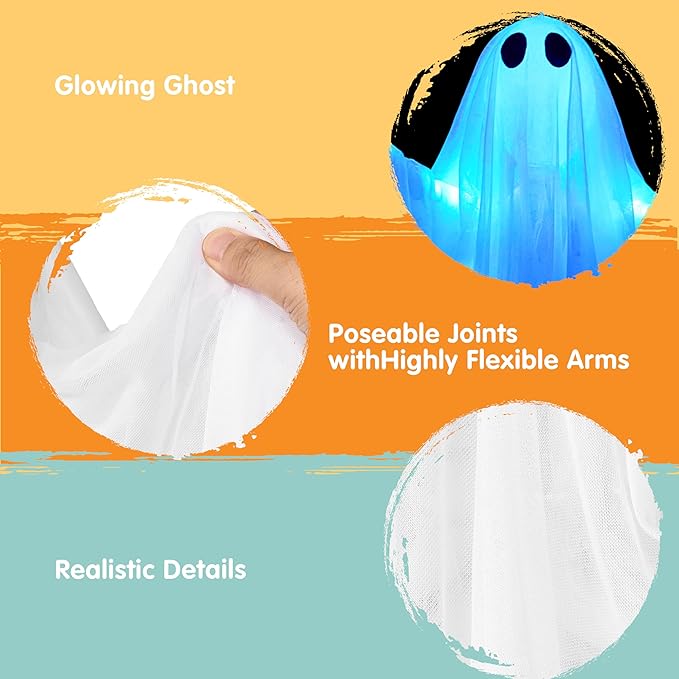 JOYIN 2 Pcs 47” Halloween Light up Hanging Ghost Decoration Outdoor, Halloween Hanging Ghosts Decoration with Blue LED Light for Front Yard Patio Lawn Garden Party Decor Indoor Outdoor