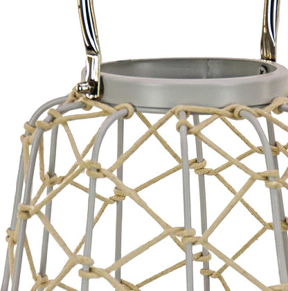 Lantern Candleholder, Woven Rope Construction, Glacier Gray, Modern Design and Finish, Includes Metal Handle, 10 Inches