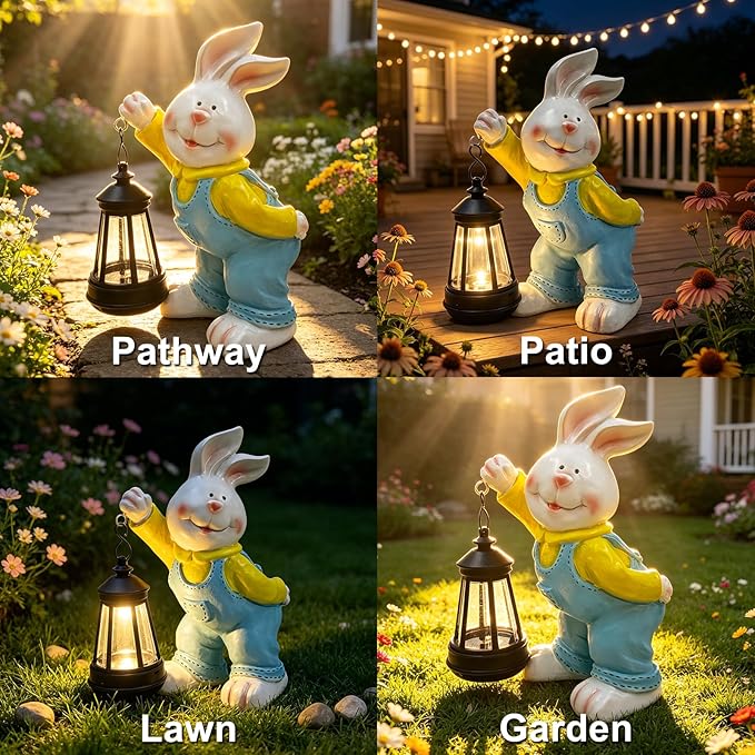 Outdoor Bunny Statue Solar Lantern for Garden Yard Lawn Patio White Rabbit Figurine Decorations Housewarming for Mom Grandma Women