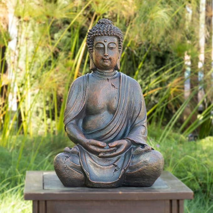 Alpine Corporation 15" Tall Indoor/Outdoor Meditating Buddha Statue, Tabletop Garden Decor, Bronze