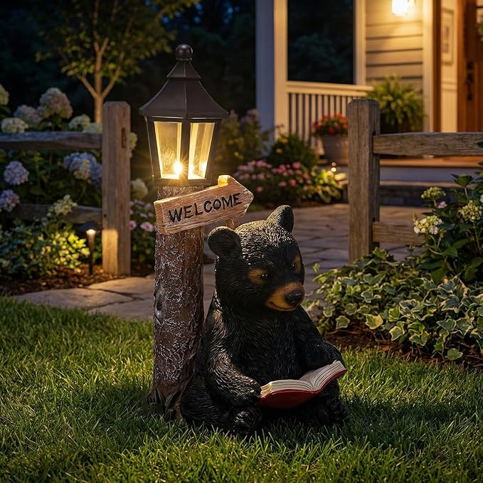 Lyeasw Solar Outdoor Bear Garden Statues – Bear Figurine Lights Decor with Welcome Sign for Lawn, Patio & Porch – Perfect Mother’s Day, Birthday & Housewarming Gifts