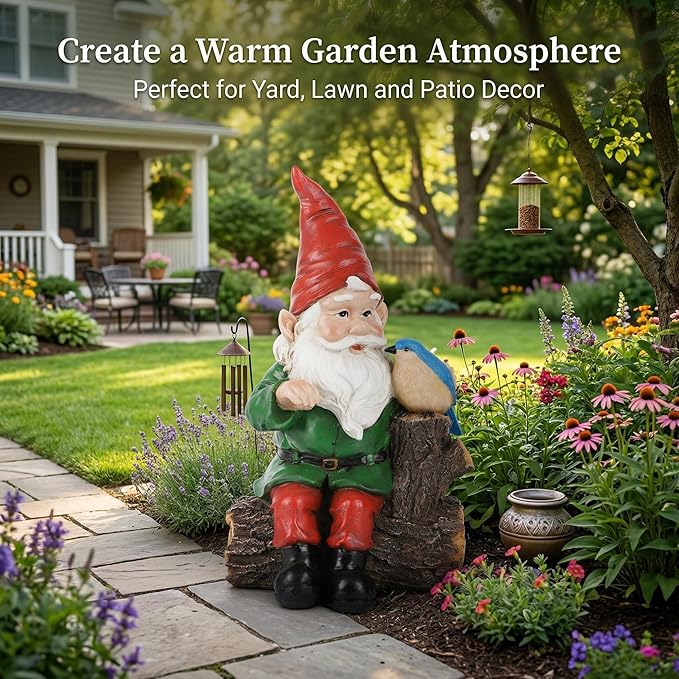 Topadorn Garden Gnome Statues with Bird Resin Sculpture Gnome Sitting on the Stump Outdoor Statues for Outdoor Garden Decor