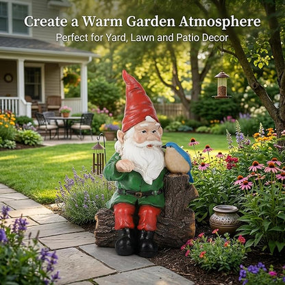 Topadorn Garden Gnome Statues with Bird Resin Sculpture Gnome Sitting on the Stump Outdoor Statues for Outdoor Garden Decor