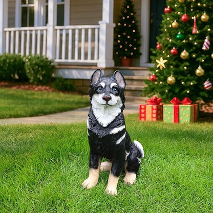 Husky Dog Garden Statue with Solar Lantern, 14.2" Outdoor Resin Puppy Figurine with Welcome & On Patrol Sign, Waterproof Pet Sculpture for Patio Yard Porch Decor, Dog Lover Gift