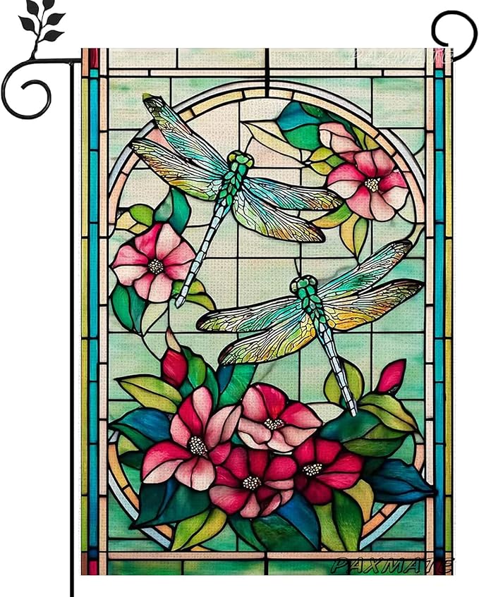 Spring Summer Dragonfly Garden Flag 12x18 Inch Double Sided, Stained Glass Dragonfly Floral Garden Flag for Outside, Colorful Flower Yard Flag Outdoor Lawn Porch Farmhouse Decor