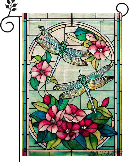 Spring Summer Dragonfly Garden Flag 12x18 Inch Double Sided, Stained Glass Dragonfly Floral Garden Flag for Outside, Colorful Flower Yard Flag Outdoor Lawn Porch Farmhouse Decor