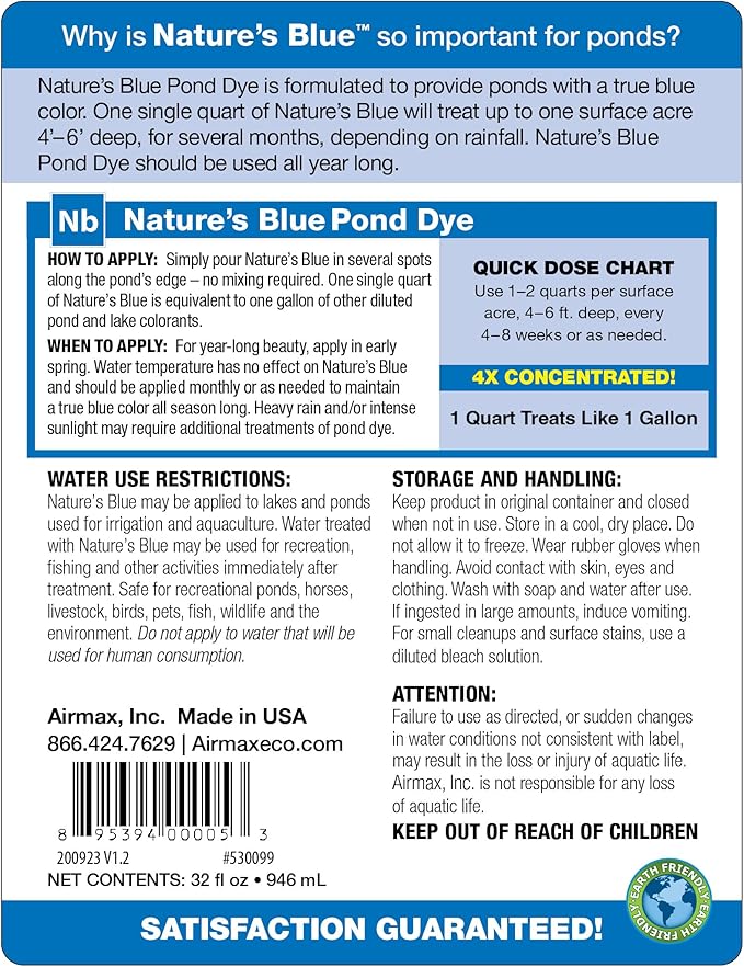 Airmax Nature's Blue Pond Dye 4X Concentrate for Outdoor Ponds & Lakes, Natural Pond Color & Beauty Enhancer, Swimming Safe Water Colorant, Easy Liquid Application, 1 Quart
