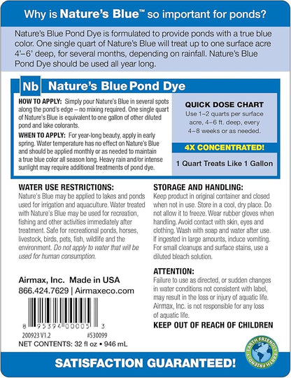 Airmax Nature's Blue Pond Dye 4X Concentrate for Outdoor Ponds & Lakes, Natural Pond Color & Beauty Enhancer, Swimming Safe Water Colorant, Easy Liquid Application, 1 Quart