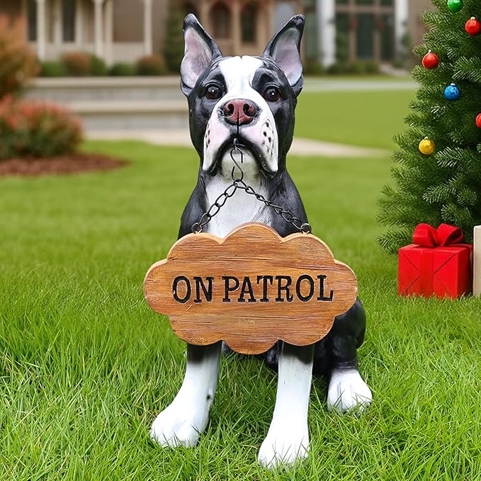 Adorable Boston Terrier Dog Sculpture with Solar Lantern & Double-Sided 'On Patrol' and 'Welcome' Signposts – Playful Outdoor Resin Statue for Garden, Yard, Patio