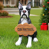 Adorable Boston Terrier Dog Sculpture with Solar Lantern & Double-Sided 'On Patrol' and 'Welcome' Signposts – Playful Outdoor Resin Statue for Garden, Yard, Patio