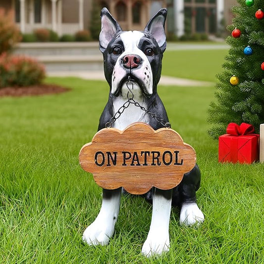 Adorable Boston Terrier Dog Sculpture with Solar Lantern & Double-Sided 'On Patrol' and 'Welcome' Signposts – Playful Outdoor Resin Statue for Garden, Yard, Patio