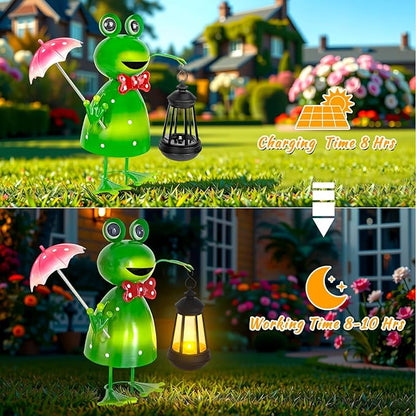 Solar Garden Lights Frog Statue with Solar Lantern Lights,15.62 in Tall Frog Garden Decor,Outdoor Forg Figurines Decorations for Patio Yard Lawn Ornaments Gifts for Birthday Housewarming Mother's Day