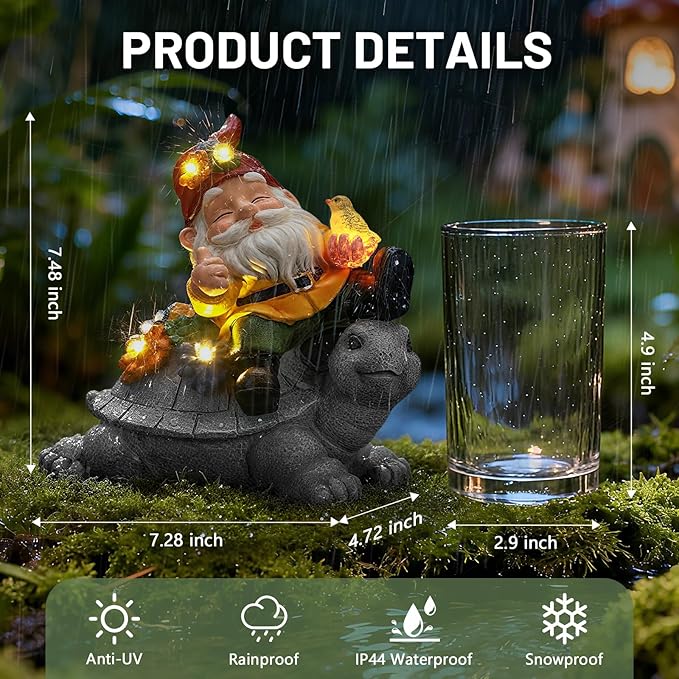 Solar Gnome Statue Outdoor Decor, Gnome on Turtle Figurines with LED Light for for Fairy Garden Yard Balcony Lawn Christmas Housewarming Whimsical Gifts for Women Mom Grandma
