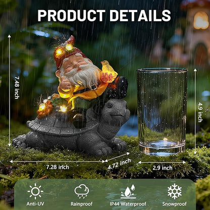 Solar Gnome Statue Outdoor Decor, Gnome on Turtle Figurines with LED Light for for Fairy Garden Yard Balcony Lawn Christmas Housewarming Whimsical Gifts for Women Mom Grandma