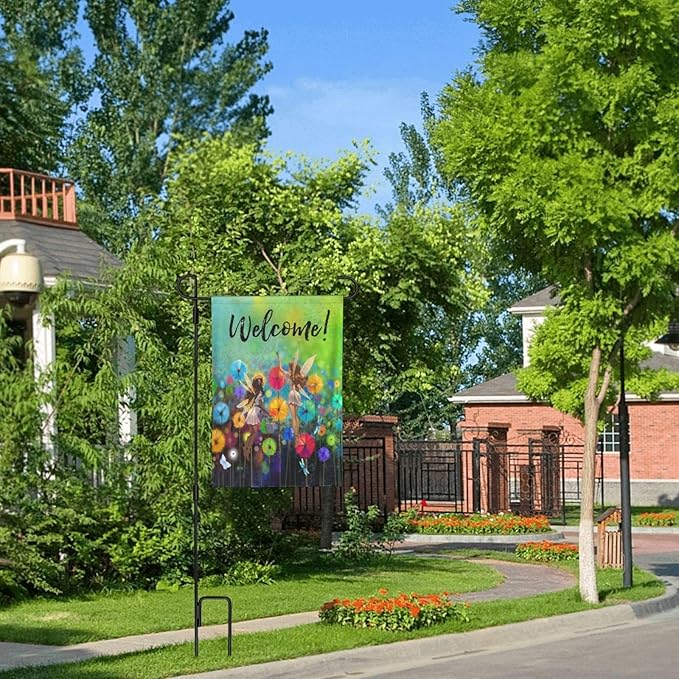 Welcome Garden Flag 28 X 40 In Outdoor Summer Spring Fairy Flowers Dragonfly Floral Mini Yard Flag House Flags Farmhouse Sign For Home Garden Decoration Banner