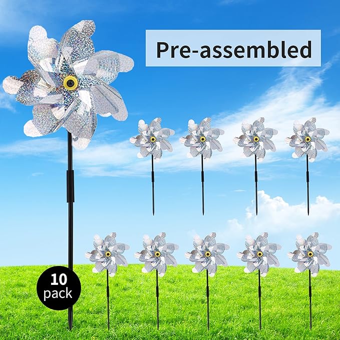 BATTIFE Reflective Pinwheels for Yard and Garden, Pre-Installed Sparkly Blind Birds Pin Wheel, Scare Birds & Animal Away Wind Spinner, 10 Pack (Silver)