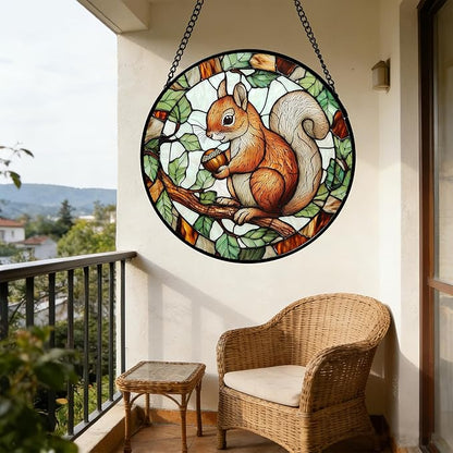 DASTOLL Stained Glass Window Hanging, Squirrel on a Branch Suncatcher Diamond Glass Panel Animal Sun Catchers Decor for Birthday for Women, Men, Wife, Aunt, and Mom 11.8x11.8 in