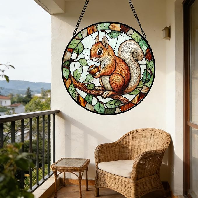 DASTOLL Stained Glass Window Hanging, Squirrel on a Branch Suncatcher Diamond Glass Panel Animal Sun Catchers Decor for Birthday for Women, Men, Wife, Aunt, and Mom 6.3 in