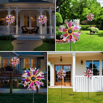 Solar Wind Spinner Outdoor Metal - Large Kinetic Garden Wind Spinners with Solar LED Lights, Waterproof Butterfly Yard Art Sculptures & Spinners for Patio, Lawn, Pathway, Backyard