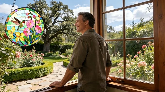 Funoasis Stained Glass Window Hanging 6.3 Inches Suncatcher - The Hummingbird Flew to The Edge of The Flower Ornaments Sun Catcher Home Decor Women Birthday