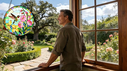 Funoasis Stained Glass Window Hanging 6.3 Inches Suncatcher - The Hummingbird Flew to The Edge of The Flower Ornaments Sun Catcher Home Decor Women Birthday
