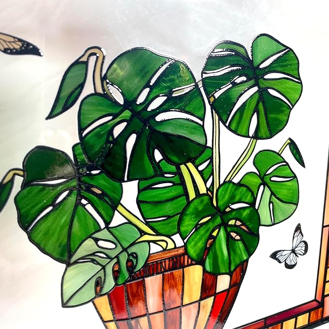 Monstera and Butterflies Stained Glass Suncatcher Panel 7.8x7.8 inches Square Window Hanging Panel for Home Decor Handcrafted Real Glass Window Art for Wall or Garden