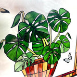 Monstera and Butterflies Stained Glass Suncatcher Panel 7.8x7.8 inches Square Window Hanging Panel for Home Decor Handcrafted Real Glass Window Art for Wall or Garden