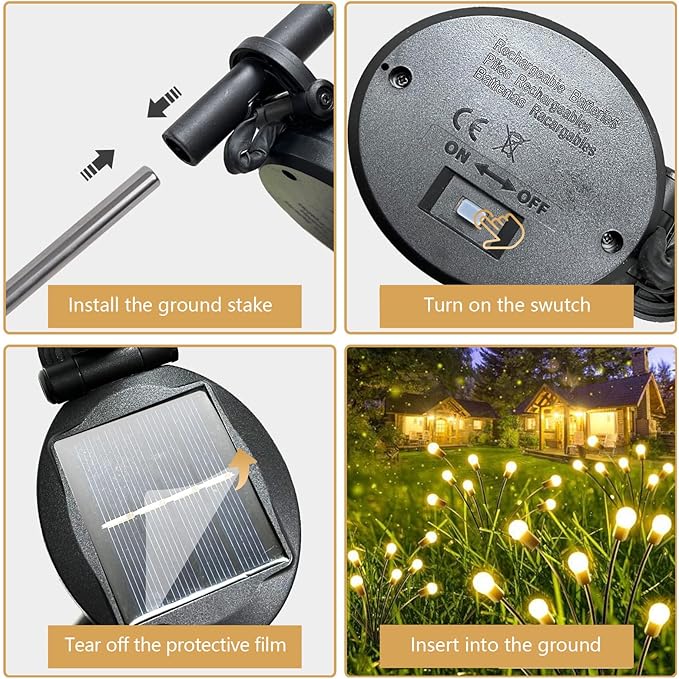 4 Pack Solar Garden Lights Outdoor, 24 LED Firefly Light, Solar Fairy Lights for Outside Waterproof, 2 Modes, Fairy Lightss for Garden Pathway & Patio Decor