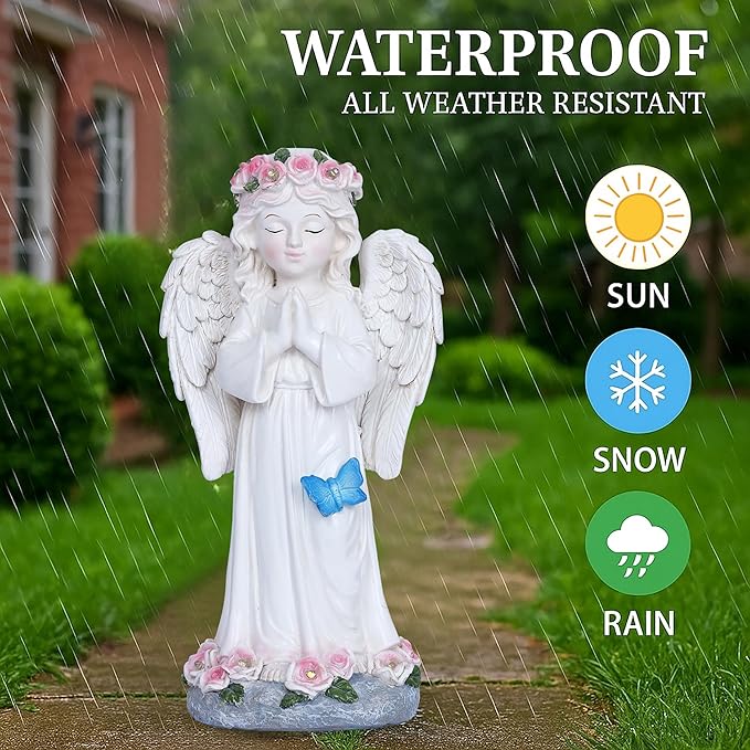 Dlfghos Solar Garden Angel Statue Solar Angel Outdoor Garden Decor Statues Praying Angel Memorial Figurine Light Decorations for Outside Yard Lawn Garden Cemetery Decor Gifts for Mom Grandma Women