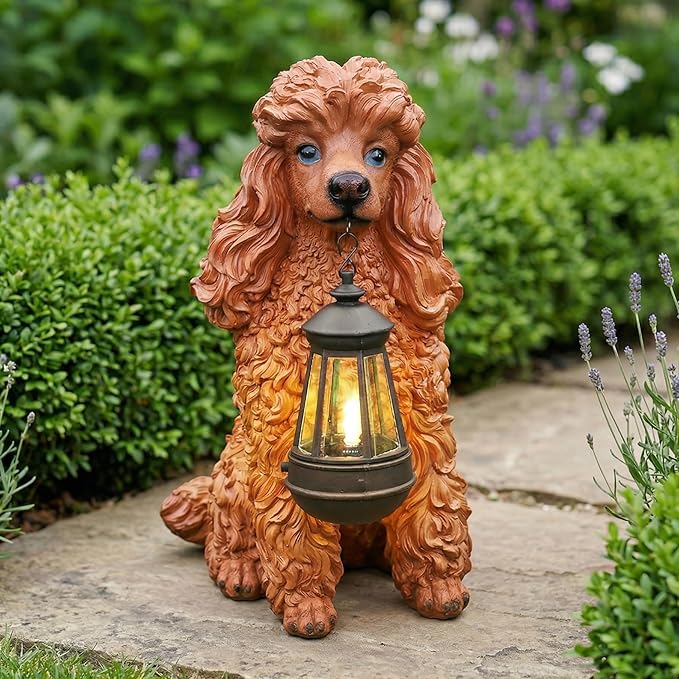 Poodle Dog Garden Statue with Solar Lantern & Double-Sided Welcome Sign, 14.4" Tall Outdoor Pet Sculpture Decor for Front Porch, Patio, Yard and Lawn, Dog Lover Gifts (Brown)