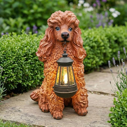 Poodle Dog Garden Statue with Solar Lantern & Double-Sided Welcome Sign, 14.4" Tall Outdoor Pet Sculpture Decor for Front Porch, Patio, Yard and Lawn, Dog Lover Gifts (Brown)