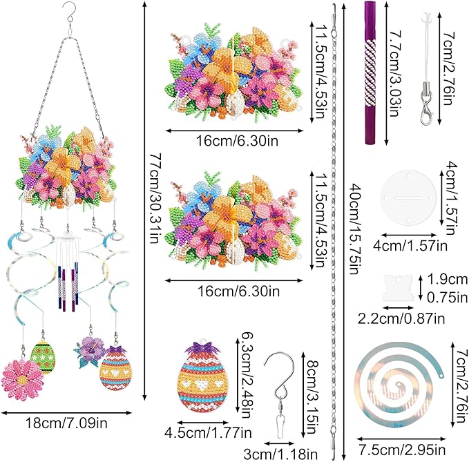 DIY Wind Chime Pendant Spring 3D Diamond Art Painting Hanging Ornament Double Sided Diamond Suncatchers for Window Home Backyard Garden Wall Door Decor-Flowers
