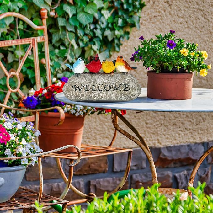 Bird Welcome Sign Stone Statue for Yard Patio Lawn Multicolored Indoor Outdoor Outside Birdy Garden Decor Funny Fairy Ornaments Figurine Home Decorations