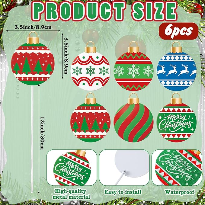 Shimeyao 6 Pcs 12 Inch Metal Christmas Garden Stakes Ugly Sweater Outdoor Plant Stakes Christmas Ball Yard Signs Xmas Outdoor Decor for Home Lawn Porch Holiday Front Backyard